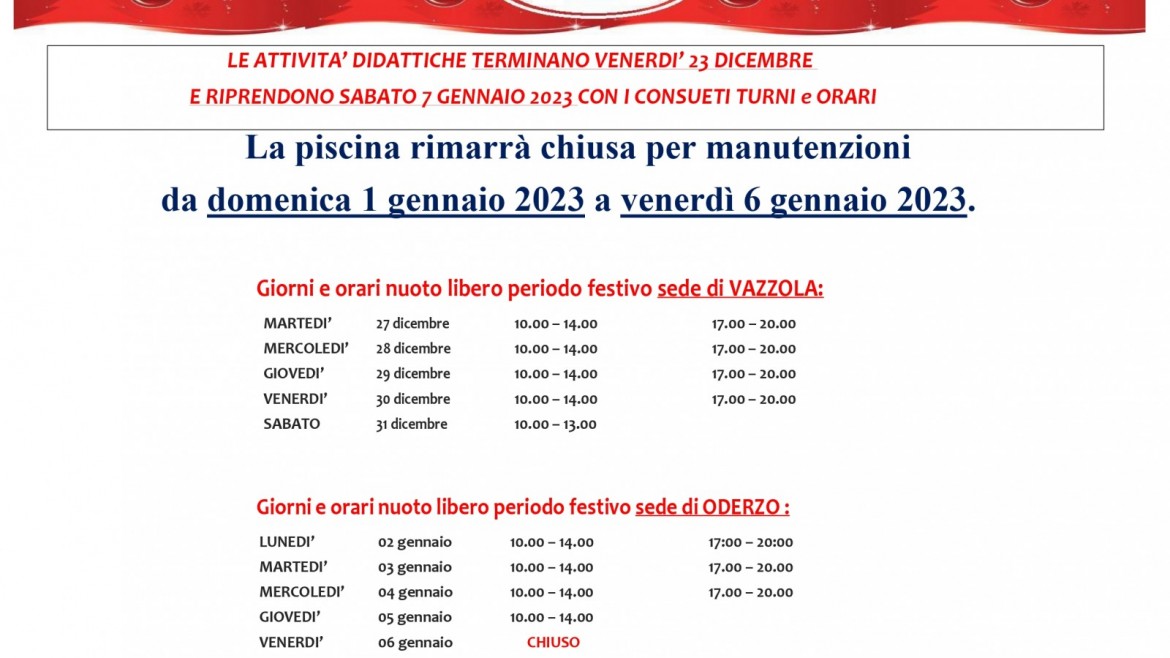 Sospensione attività didattiche e nuoto libero Festività Natalizie 2022